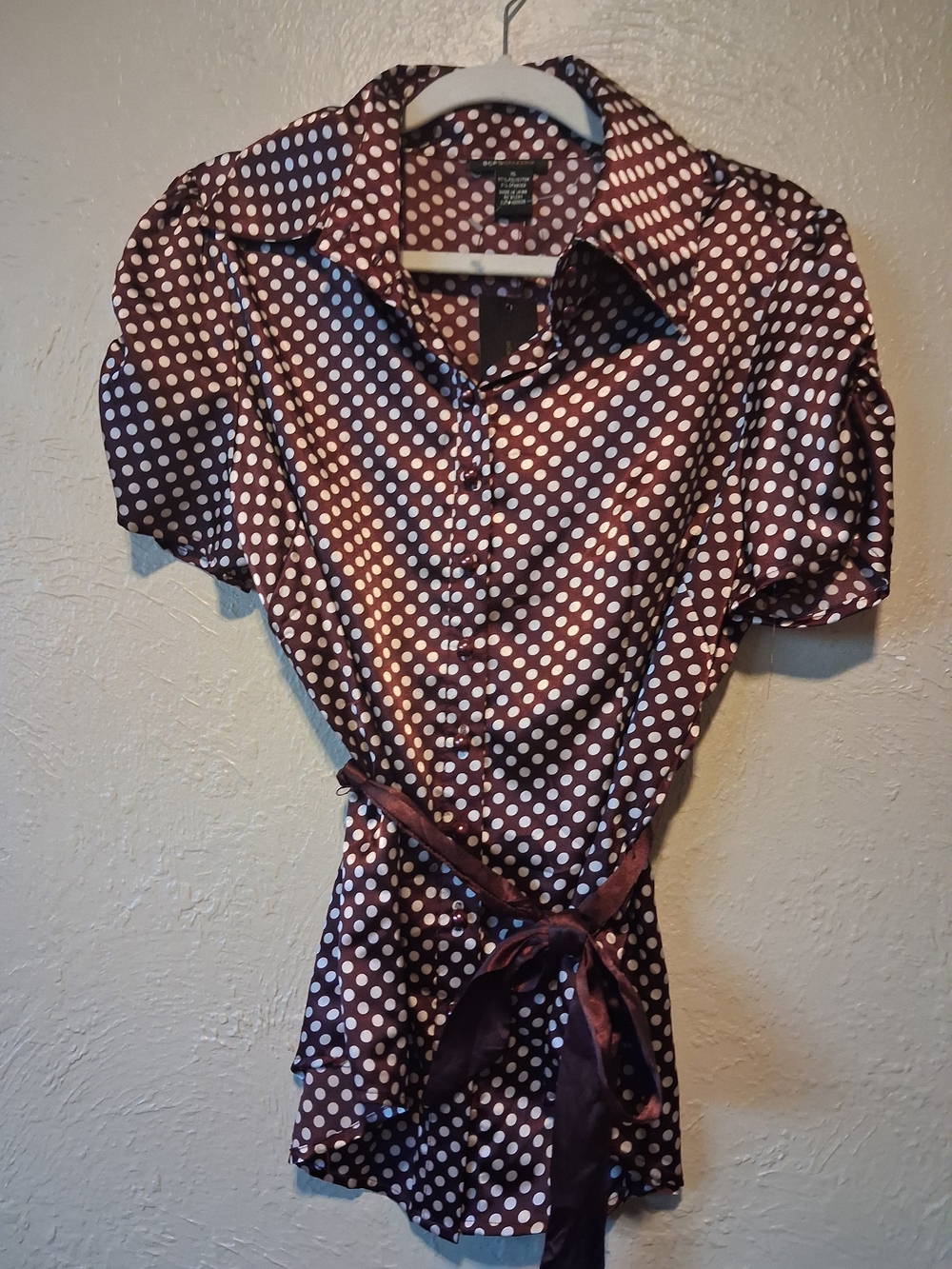 BCBGMaxAzria Brown and White Polka Dot Satin Button-Down Blouse